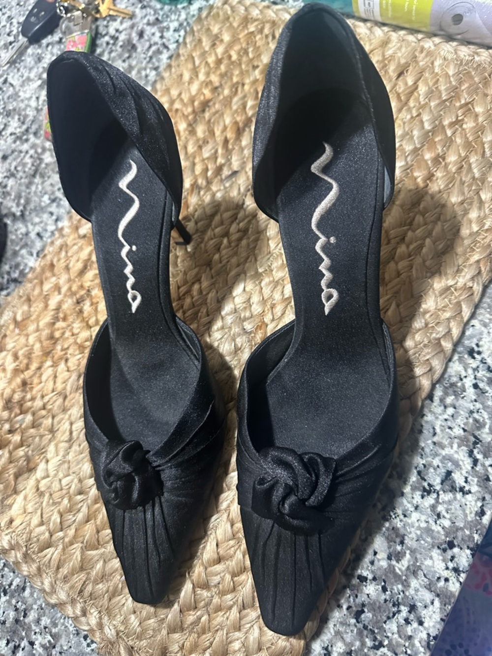 Nina Black Satin Pointed-Toe Knot D'Orsay Heels